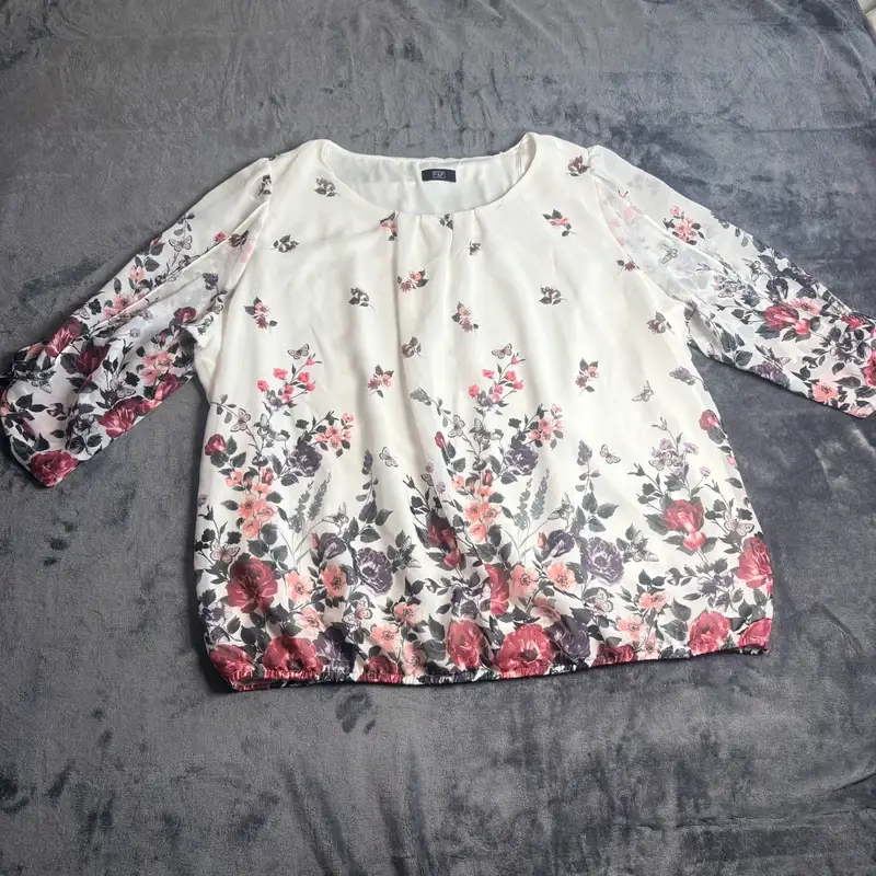 F&F White Floral Blouse UK 22 Sheer 3/4 Sleeve Bubble Hem Floaty Top