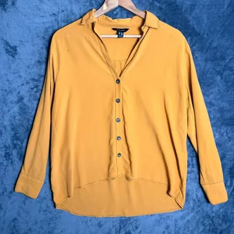 New Look Mustard Long Sleeve Button Blouse uk 14 Collared Hi Low Top