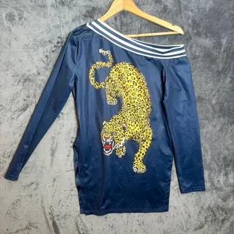 Chic Me  Leopard Graphic Off Shoulder Top Size XL Navy Long Sleeve Tunic Y2K