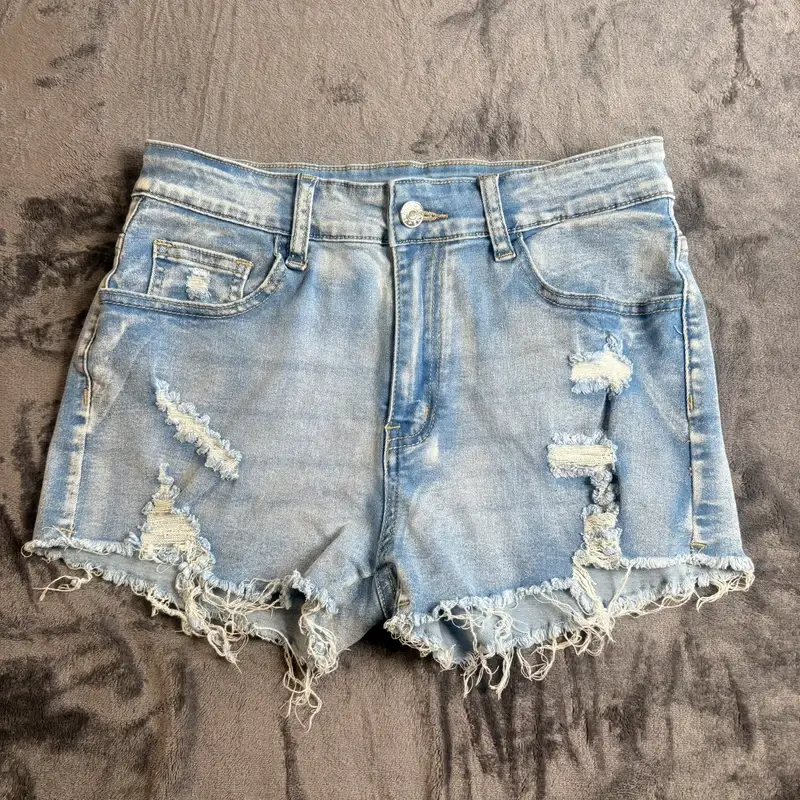 SHEIN Denim Distressed Shorts Size M Light Blue Raw Hem Cotton Stretch Festival