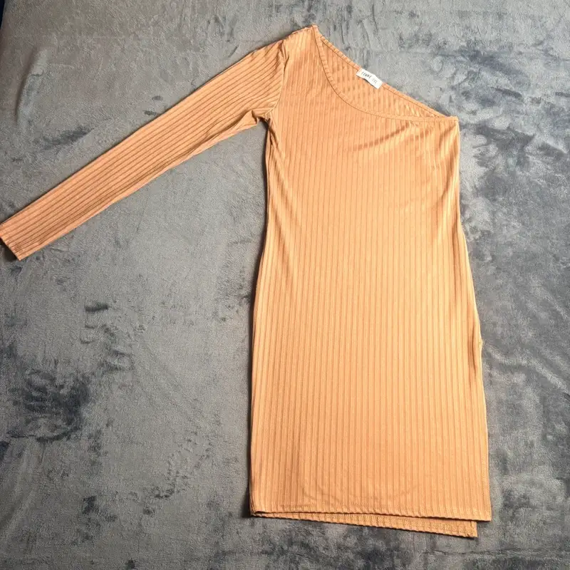 Femme Luxe Camel Ribbed One Shoulder Bodycon Dress UK 8 Long Sleeve