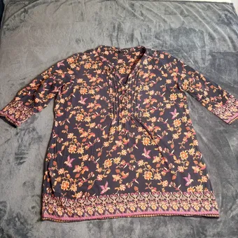 M&Co Floral Bird Print Tunic Top UK 20 Navy 3/4 Sleeve Boho Peasant Summer