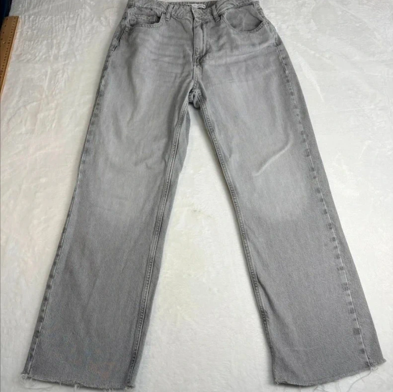 Zara Light Grey Cotton Wide Leg Jeans Raw Hem Straight Leg UK Size 14 Casual