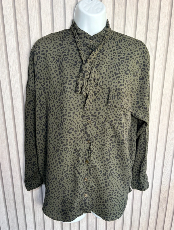 Zara Leopard Print Blouse uk Small Khaki Tie Neck Long Sleeve Shirt Smart casual Animal