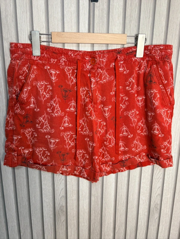 Next Orange Red Floral Shorts UK Size 14 US 10 Linen Blend Summer Casual Beach