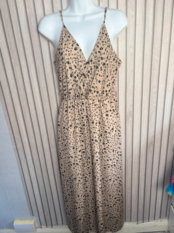 Shein Floral Maxi Dress UK Size 12 US 8 Beige Black Wrap Style Strappy Summer