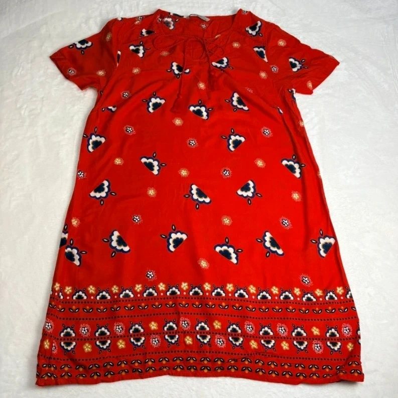 Tu Red Floral Boho Tassel Dress UK 12 Short Sleeve Summer Festival Casual