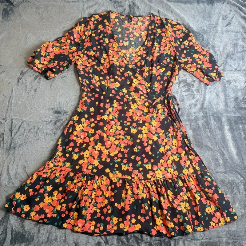Nobody’s Child Black Floral Wrap Dress UK 12 Midi Frill Hem Viscose