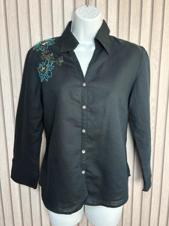 Pablo Gérard Darel Black Linen Cotton Embroidered Shirt Size 12