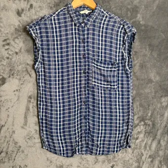 Next Blue Check Sleeveless Shirt uk 10 Viscose Button Up Casual Summer