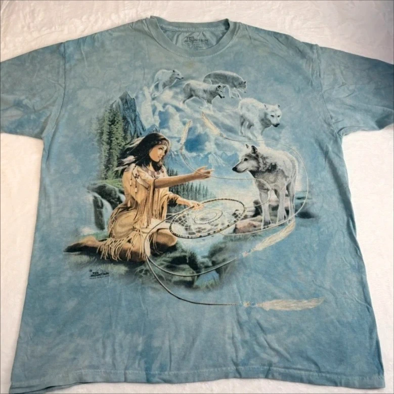 The Mountain Wolf Native American Graphic T Shirt Blue Tie Dye XL Casual