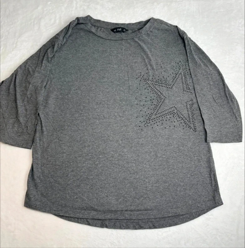 F&F Grey Star Stud Top UK 14 US 10 3/4 Sleeve Casual Top