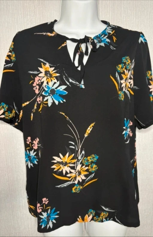 Beautiful Black Floral Blouse with Tie Neck - Estimated UK size 14 Summer Top Lightweight