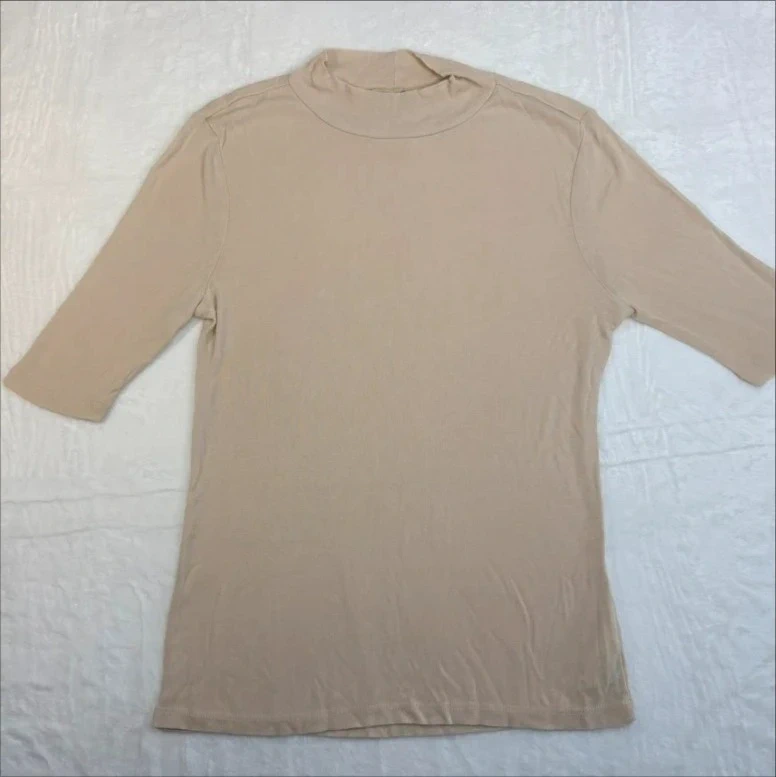 F&F Beige Ribbed High Neck Top Size 10 Fitted Stretch Tshirt Summer Casual
