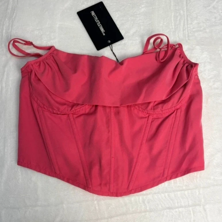 Prettylittlething Pink Corset Style Crop Top Size 10 Zip Back Y2K Style Summer