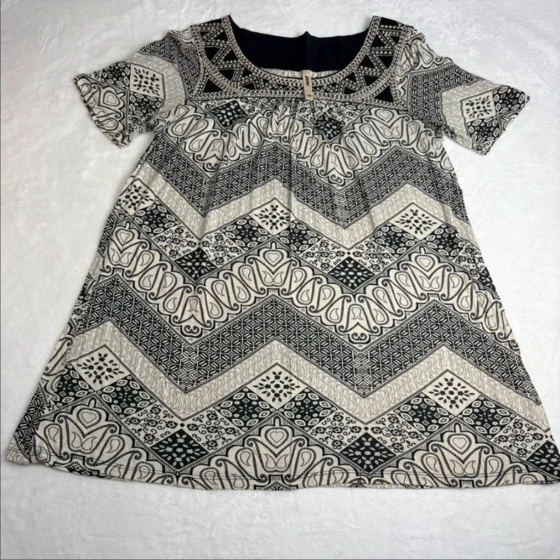 Next Dress UK Size 12 Black Cream Boho Geometric Smock Short Sleeve Summer