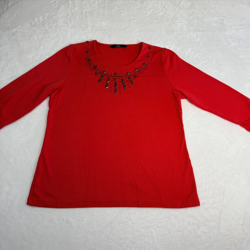 BM Casual Red Embellished Top Size Medium Three Quarter Sleeve Summer