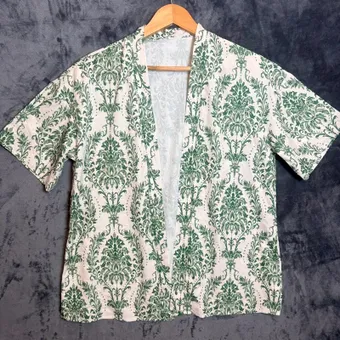 Green White Damask Print Kimono Cardigan Size M Cotton Blend Open Front Festival Boho