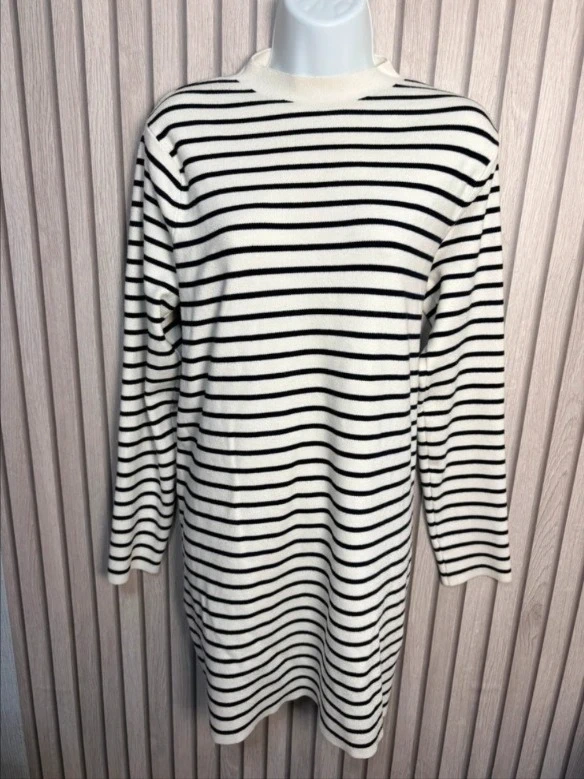Mango Off White & Black Striped Long Sleeve Knit Top Dress Size XL Summer Casual