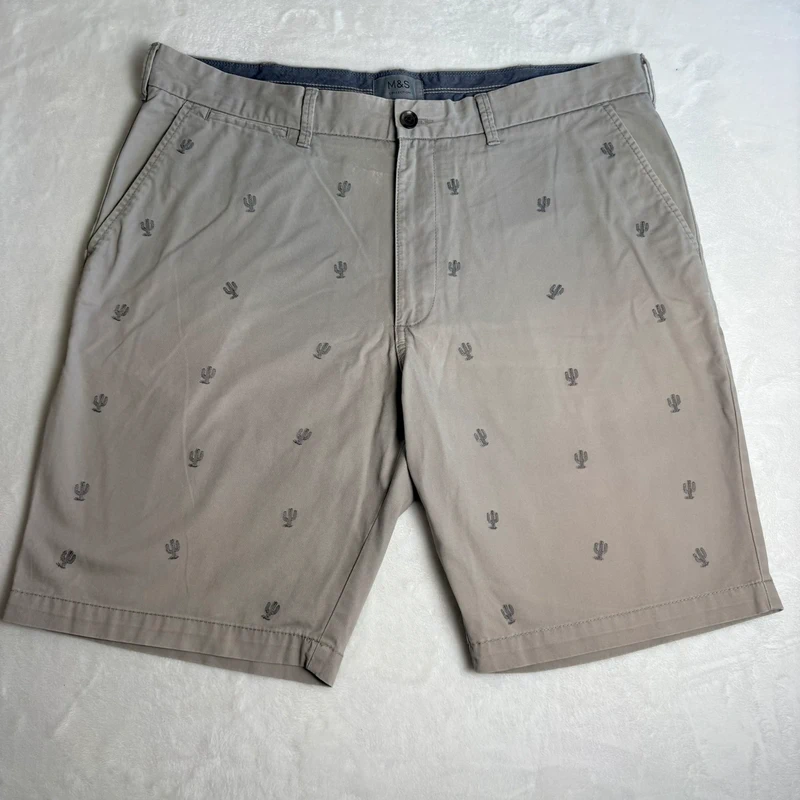 M&S Cactus Print Chino Shorts Waist 38in Beige Cotton Summer Casual