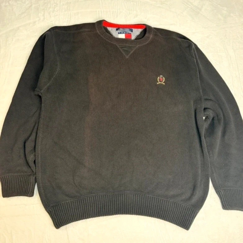 Tommy Hilfiger Jumper Size M Mens Fits More Like L/XL Cotton Knit Crew Neck Black Casual