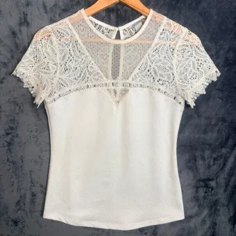 H&M White Lace Top Size S Short Sleeve Textured Stretch Summer Boho
