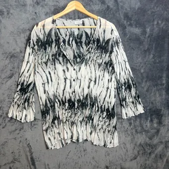 Roman Originals Pleated Blouse Size L Black White Abstract Print 3/4 Sleeve Top
