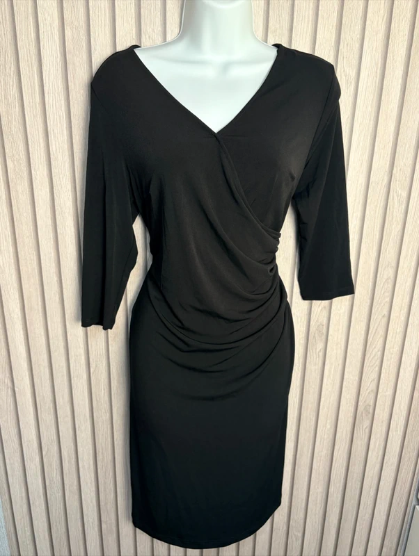Damart Black Wrap Dress UK Size 12-14 3/4 Sleeve Ruched Midi Bodycon Stretch Summer