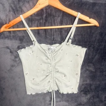 Hollister Sage Green Floral Ribbed Cami Crop Top Size S Ruched Stretch