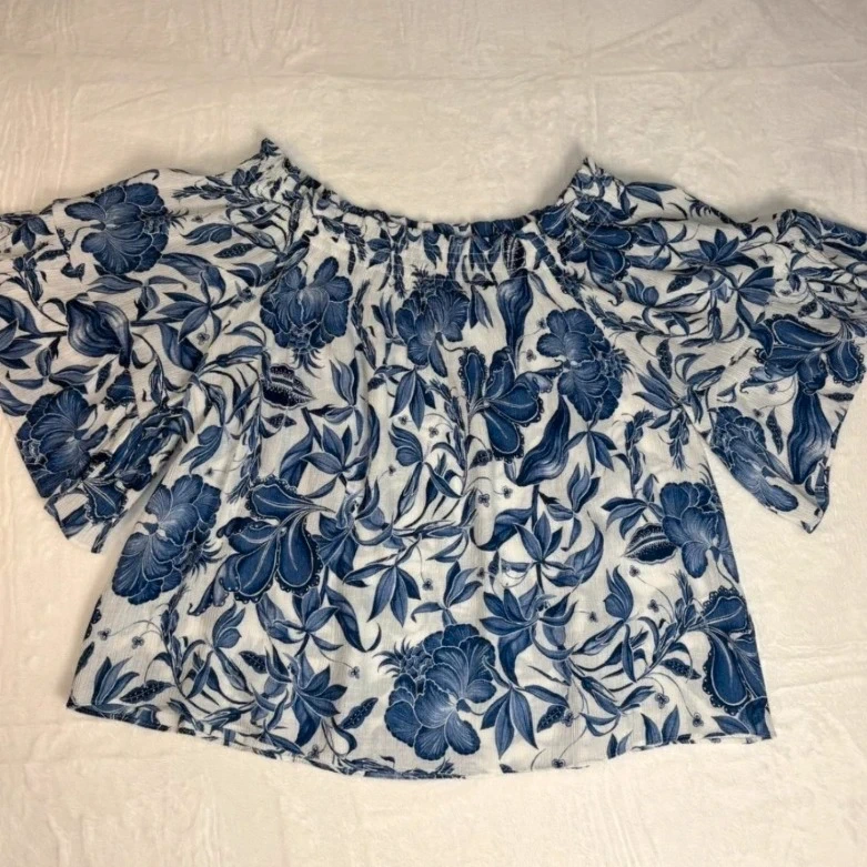H&M Blue White Floral Off Shoulder Top Size 12 Boho Cottagecore Summer