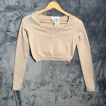 Reebok Beige Ribbed Crop Top Size S Long Sleeve Stretch Y2K Gym Casual
