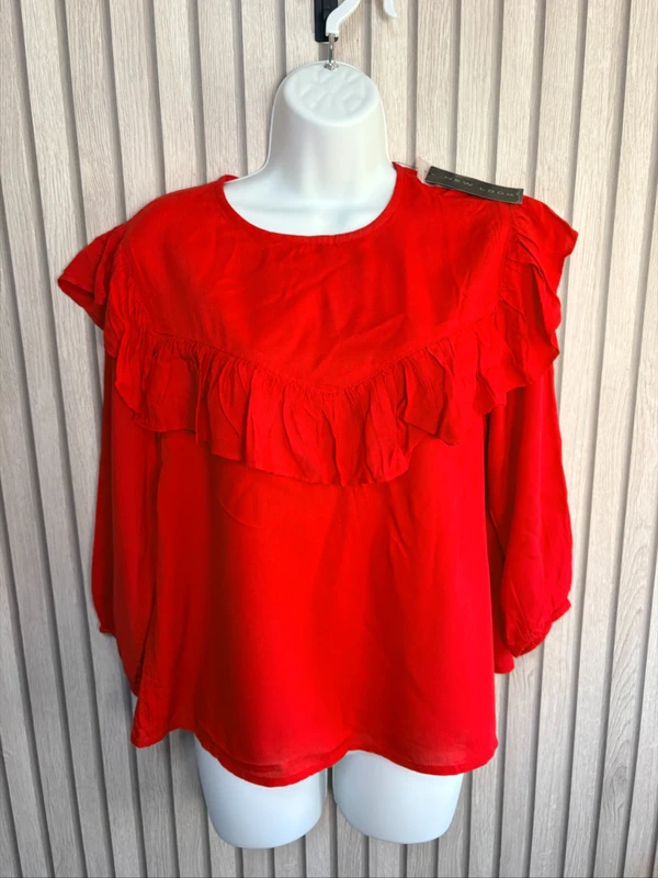 New Look Red Ruffle Blouse UK Size 12 Frill Detail 3/4 Sleeve Summer Lightweight Viscose Top
