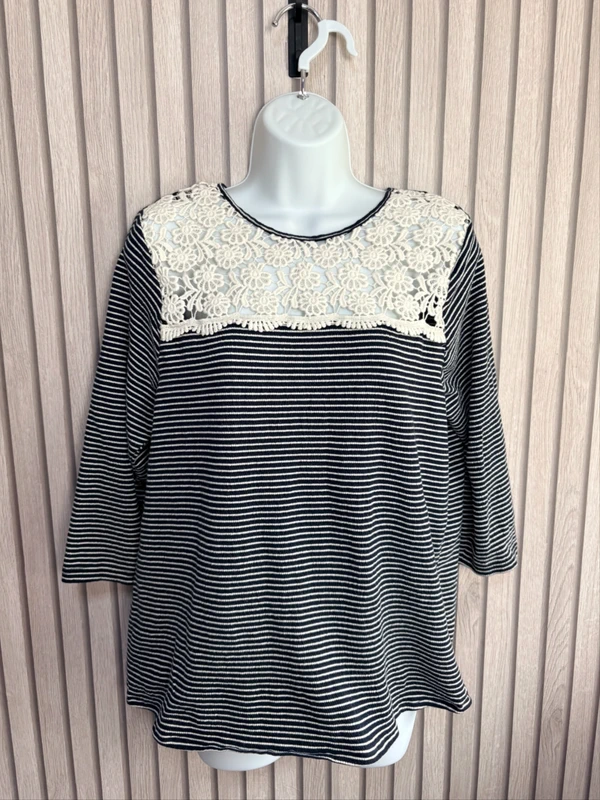 Papaya Lace Stripe Top UK Size 18 Black White 3/4 Sleeve Womens Crochet Lace Trim Casual Summer