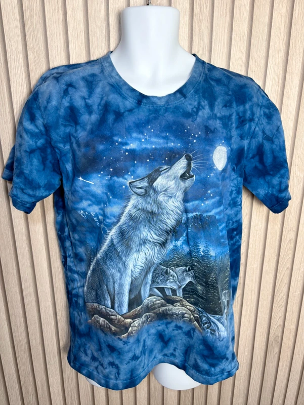Wolf Howling Graphic Tie Dye T Shirt Blue Vintage Style Size M Casual
