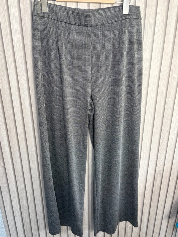 M&S Collection Grey Check Wide Leg Trousers UK Size 16 Stretch Work Office Smart
