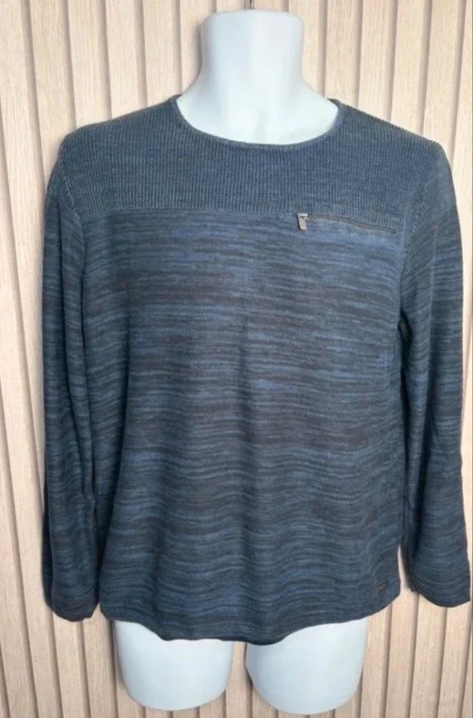Calvin Klein Long Sleeve Top Size Medium Navy Marl Ribbed Zip Pocket Casual