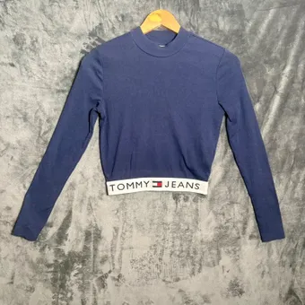 Tommy Jeans Navy Ribbed Crop Top Size XS Long Sleeve Mock Neck Stretch Logo Casual