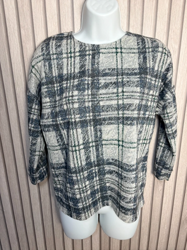 TU Grey Blue Check Top UK 10 US 6 Petite 3/4 Sleeve Casual Lovely