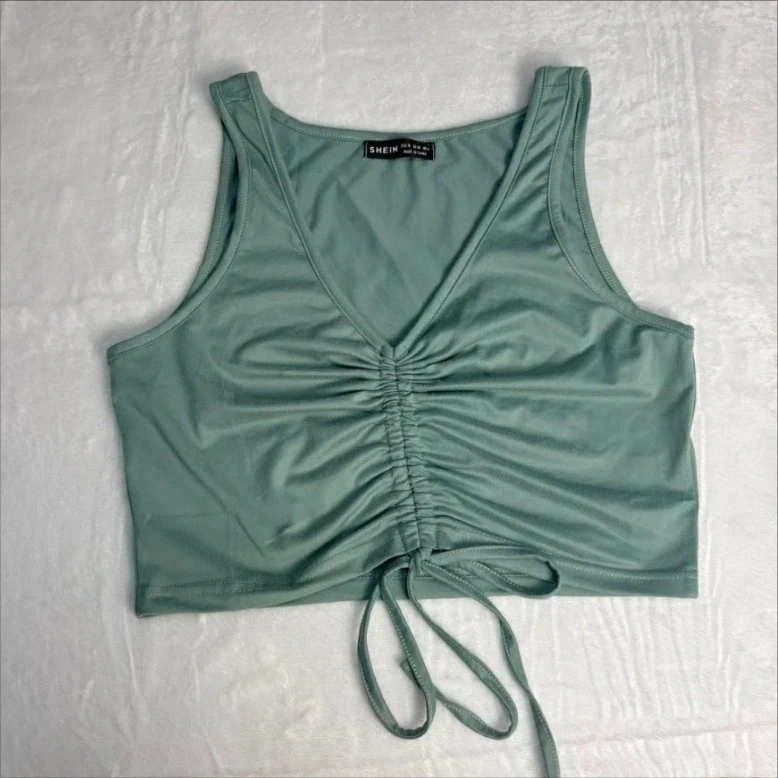 Shein Sage Green Ruched Crop Top Size 10 US 6 Drawstring Front Summer Festival