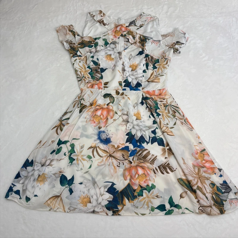 Love Floral Skater Dress White Multi Cold Shoulder Size Medium Cottagecore Summer