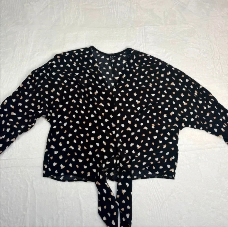 New Look Black Spot Print Tie Front Blouse Size 10 Cropped Festival Woman Summer