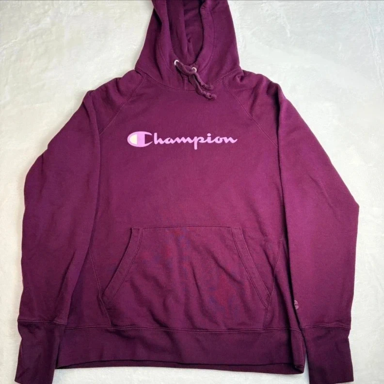 Champion Plum Hoodie Size Medium Spell Out Logo Pullover Sweatshirt Casual