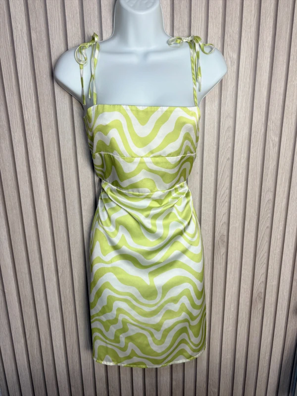 River Island Green Abstract Mini Dress UK Size 16 US 12 Satin Slip Y2K Summer