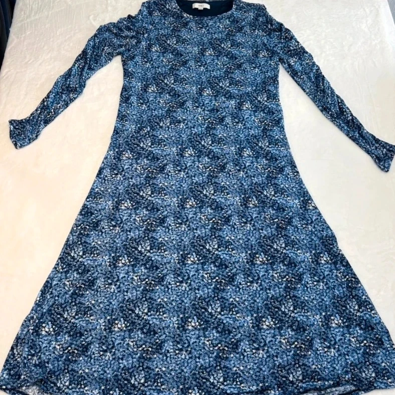 M&S Blue Floral Long Sleeve Midi Dress uk 16 Cottagecore Summer