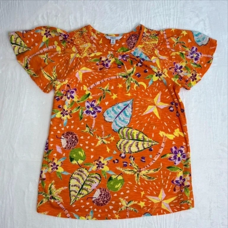 Next Cotton Tropical Print Flutter Sleeve Orange Top UK Size 6 Summer Festival Lightweight