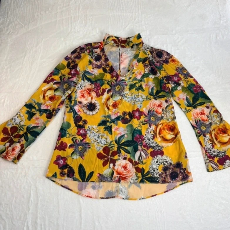 Star Julien Macdonald Yellow Floral High Neck Blouse Size 12 Cottagecore Boho Summer
