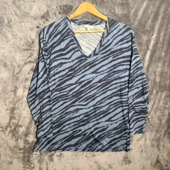 M&S Blue Zebra Print Top uk 14 V Neck Long Sleeve Casual Animal Print Stretch