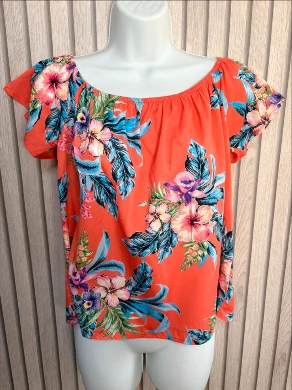 Primark Floral Off Shoulder Top UK 12 Dark Peach Short Sleeve Summer Cottagecore