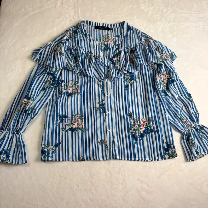 Angeleye London Floral Stripe Blouse uk 12 Frill Long Sleeve Cottagecore Summer