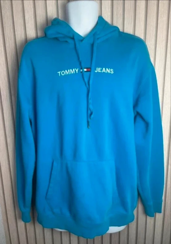 Tommy Jeans Hoodie Blue Size L Relaxed Fit Y2K Streetwear Casual